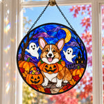 Corgi Halloween stained glass suncatcher window hanging, suitable for home and garden decoration