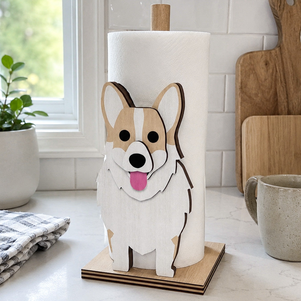 Corgi Wooden Dog Paper Towel Holder displayed on a kitchen countertop with a freestanding paper towel roll