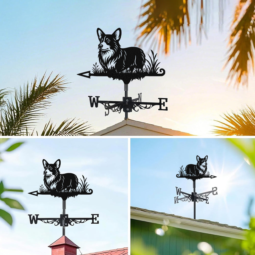 Corgi metal weather vane with directional arrows and mounting rod, outdoor roof and garden decoration