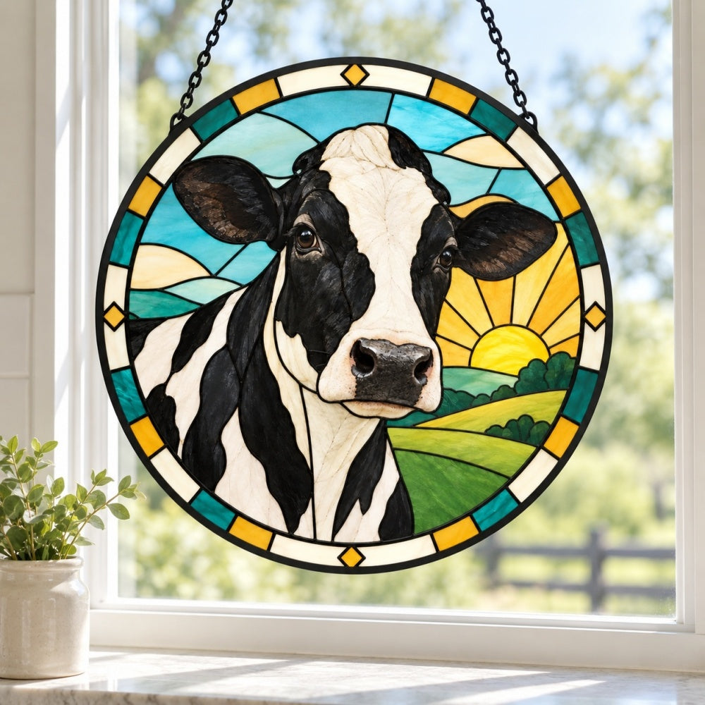 Cow stained glass suncatcher window hanging, suitable for home and garden decoration