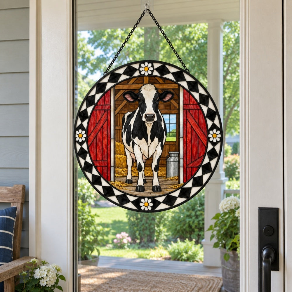 Cow stained glass suncatcher window hanging, suitable for home and garden decoration
