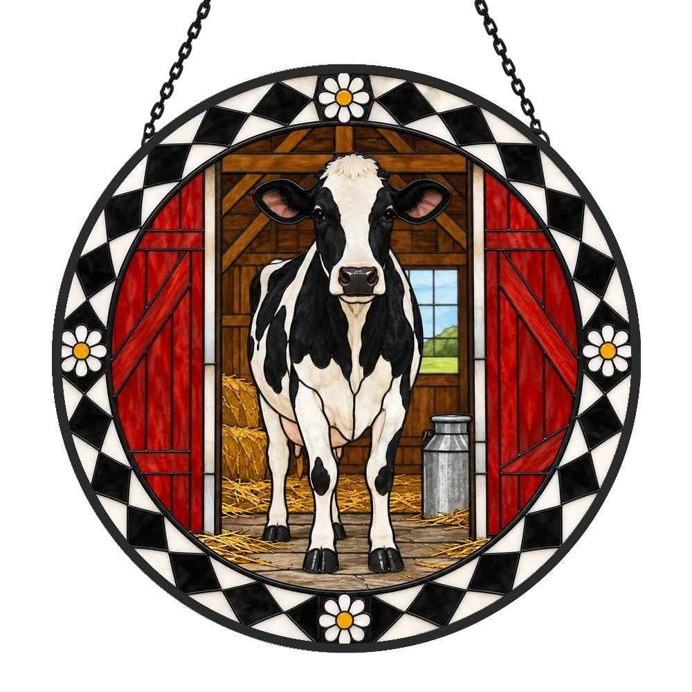 Cow stained glass suncatcher window hanging, suitable for home and garden decoration