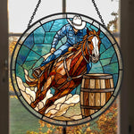 Cowboy barrel racing stained glass suncatcher window hanging, suitable for home and garden decoration