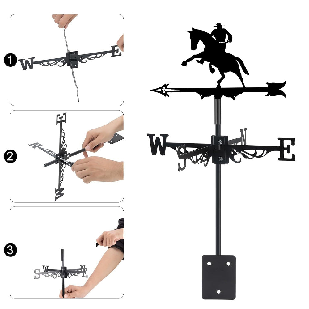 Cowboy rider metal weather vane with directional arrows and mounting rod, outdoor roof and garden decoration