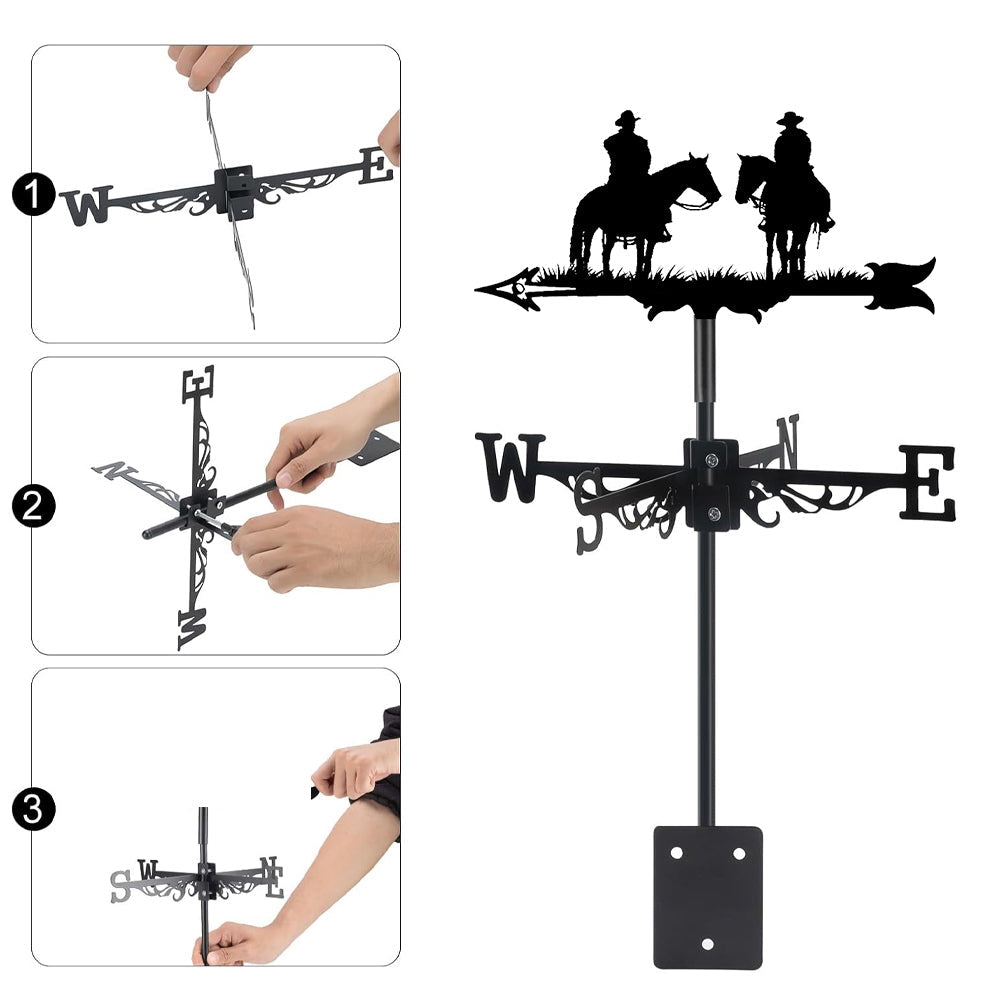 Cowboys on horses metal weather vane with directional arrows and mounting rod, outdoor roof and garden decoration