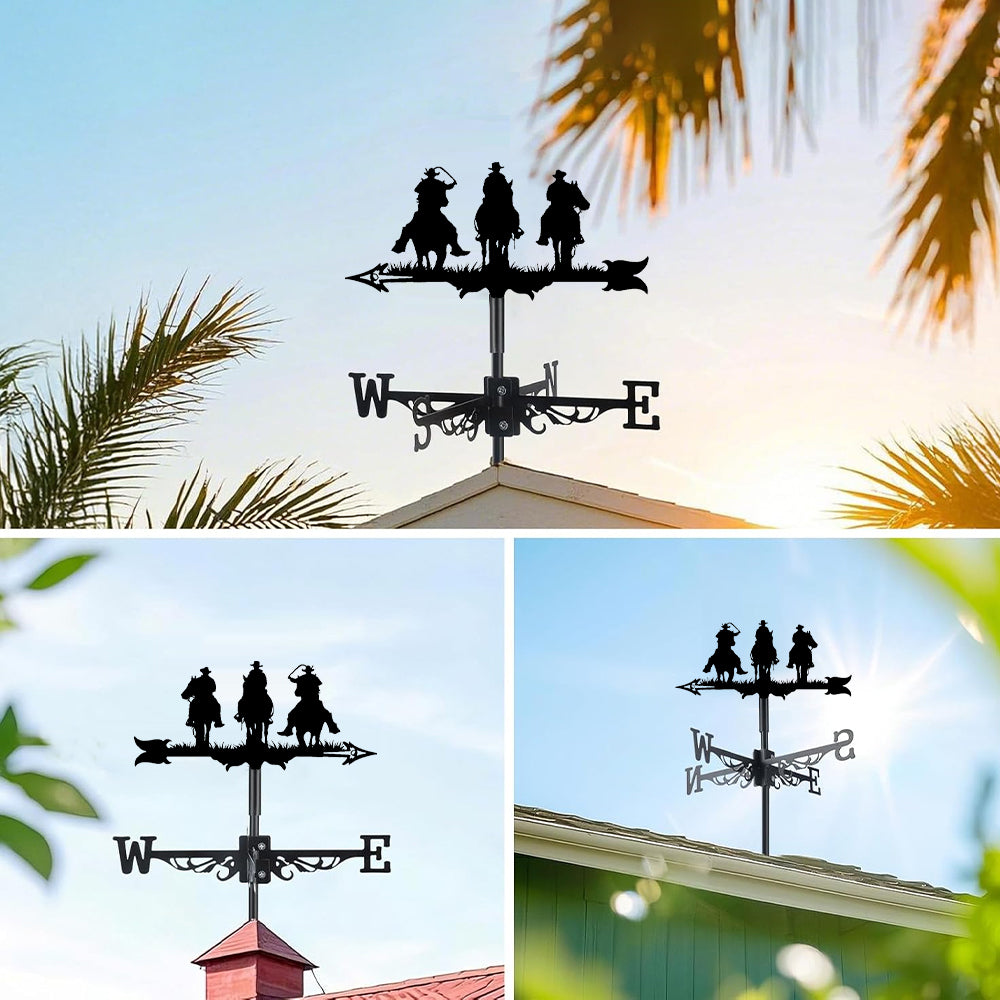 Cowboys on Horses metal weather vane with directional arrows and mounting rod, outdoor roof and garden decoration