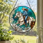 Cowgirl barrel racing stained glass suncatcher window hanging, suitable for home and garden decoration