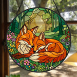 Cozy forest wildflower foxes stained glass suncatcher window hanging, suitable for home and garden decoration