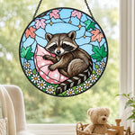 Cozy pillow snuggle raccoon stained glass suncatcher window hanging, suitable for home and garden decoration