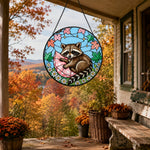 Cozy pillow snuggle raccoon stained glass suncatcher window hanging, suitable for home and garden decoration
