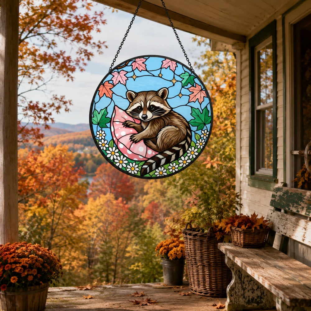 Cozy pillow snuggle raccoon stained glass suncatcher window hanging, suitable for home and garden decoration
