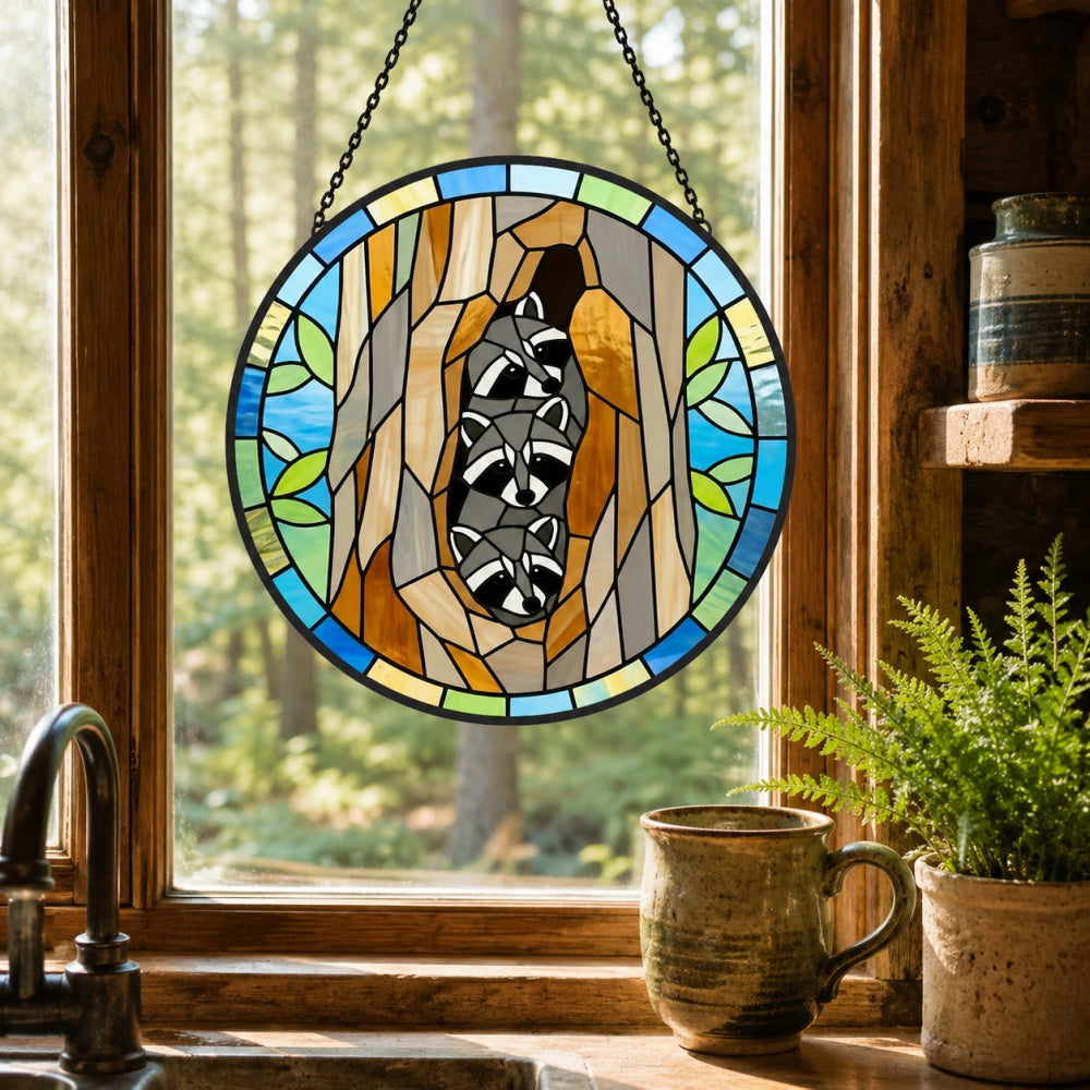 Cozy tree hollow raccoons stained glass suncatcher window hanging, suitable for home and garden decoration