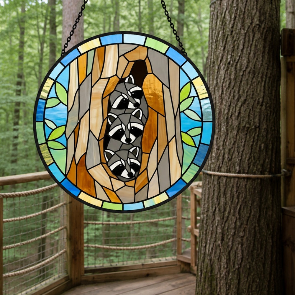 Cozy tree hollow raccoons stained glass suncatcher window hanging, suitable for home and garden decoration
