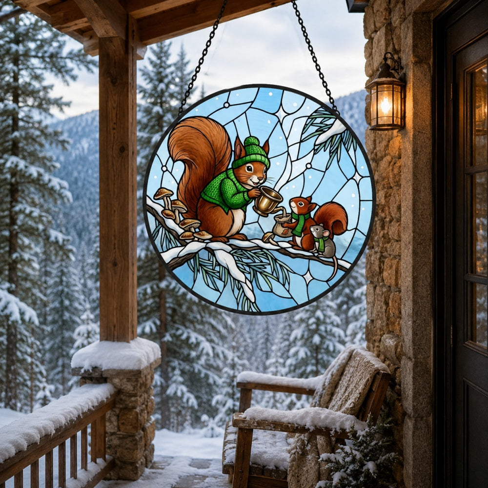 Cozy winter sweater squirrels stained glass suncatcher window hanging, suitable for home and garden decoration