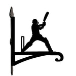 Cricket batsman swinging and wickets metal hanging basket bracket mounted on outdoor wall for plant decoration