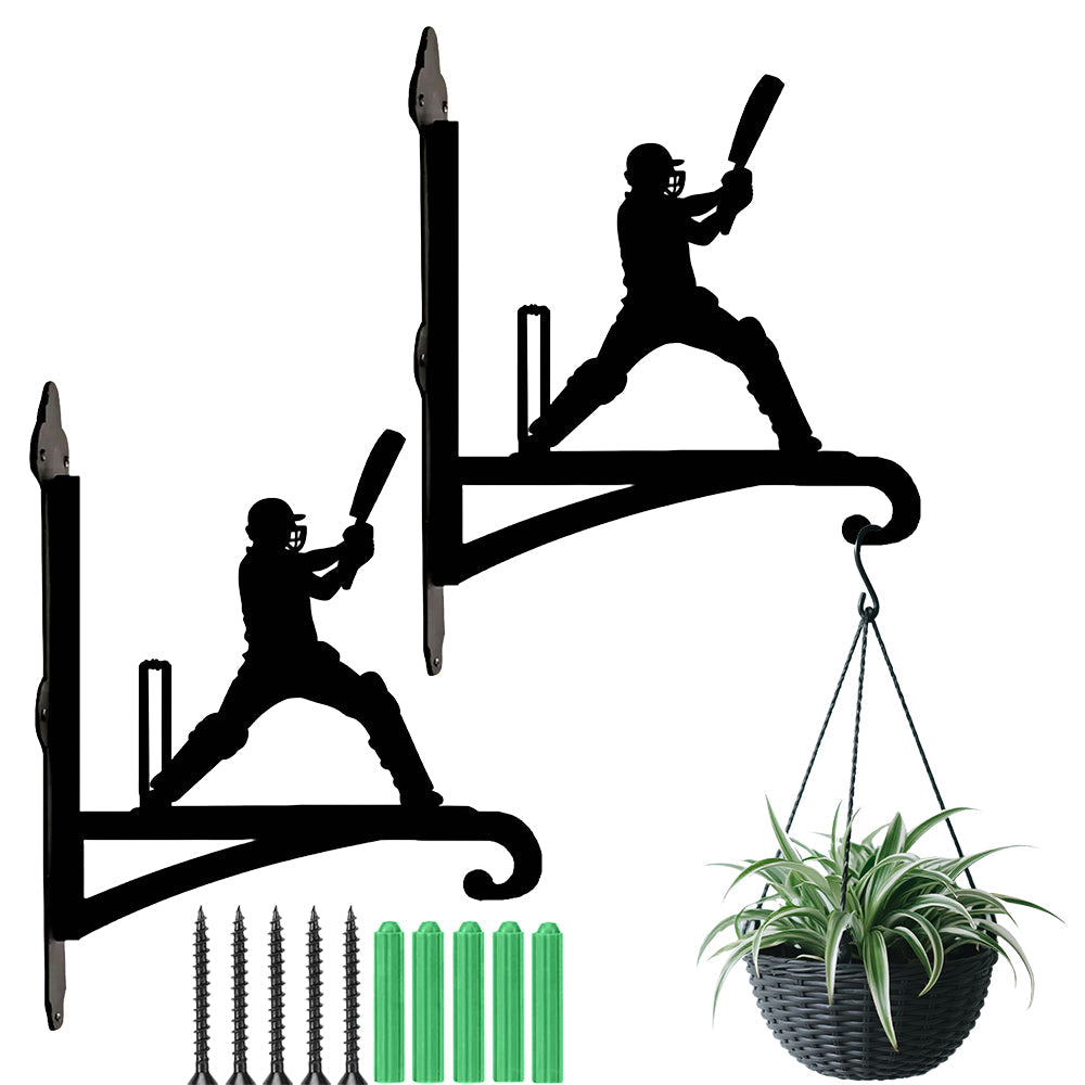 Cricket batsman swinging and wickets metal hanging basket bracket mounted on outdoor wall for plant decoration
