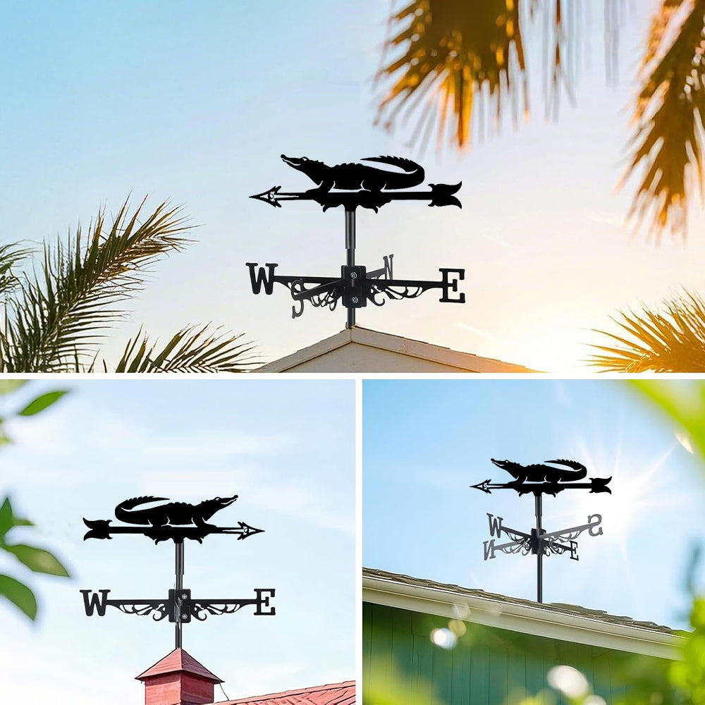 Crocodile metal weather vane with directional arrows and mounting rod, outdoor roof and garden decoration