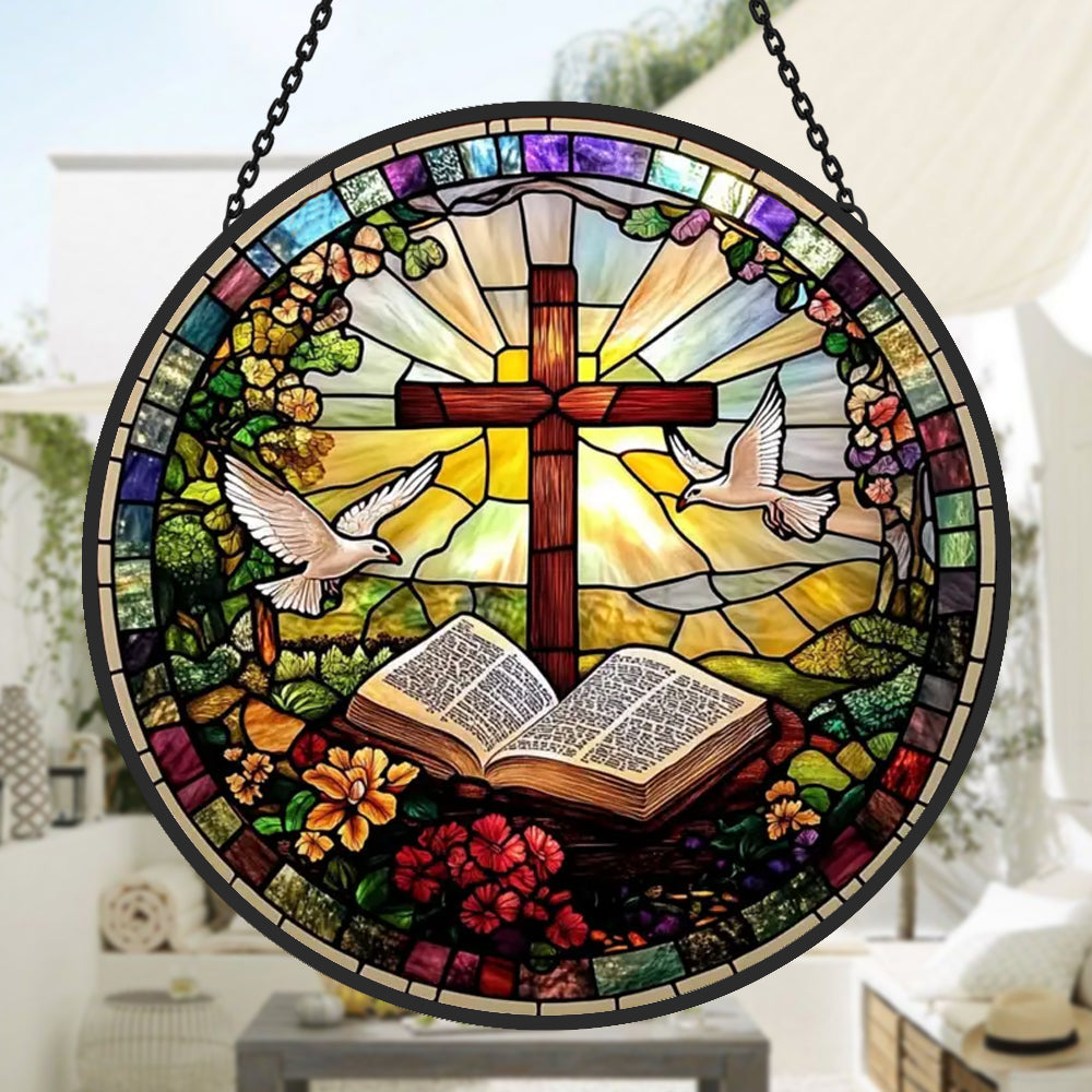 Cross and open bible stained glass suncatcher window hanging, suitable for home and garden decoration