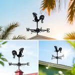 Crowing rooster metal weather vane with directional arrows and mounting rod, outdoor roof and garden decoration