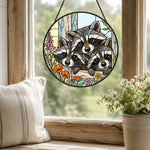 Curious raccoon family stained glass suncatcher window hanging, suitable for home and garden decoration
