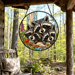 Curious raccoon family stained glass suncatcher window hanging, suitable for home and garden decoration