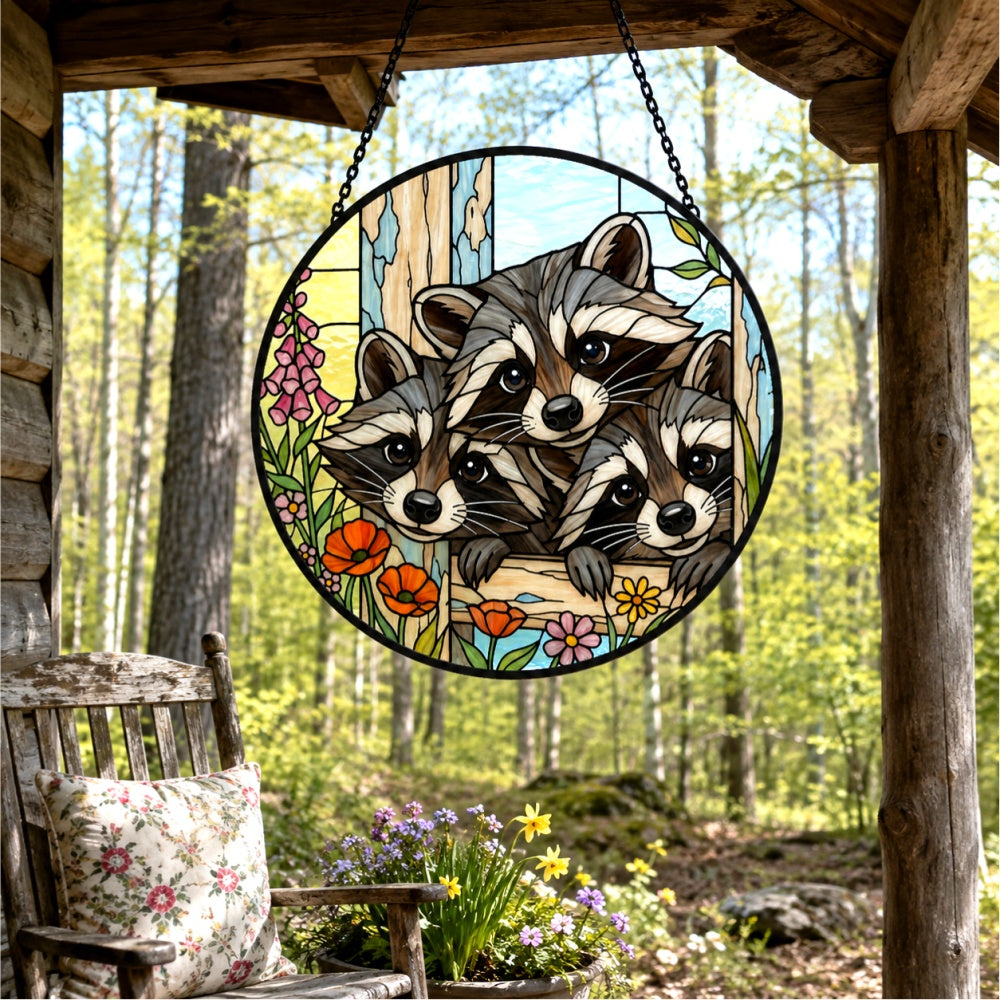 Curious raccoon family stained glass suncatcher window hanging, suitable for home and garden decoration