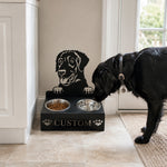 Personalized curly coated retriever metal dog bowl stand with custom name cutout and two removable feeding bowls