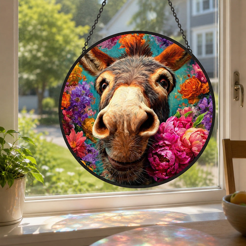 Cute floral donkey stained glass suncatcher window hanging, suitable for home and garden decoration