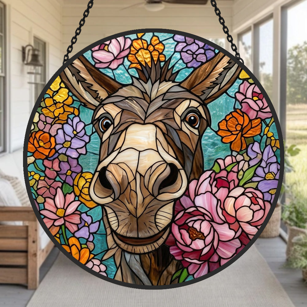 Cute floral donkey stained glass suncatcher window hanging, suitable for home and garden decoration