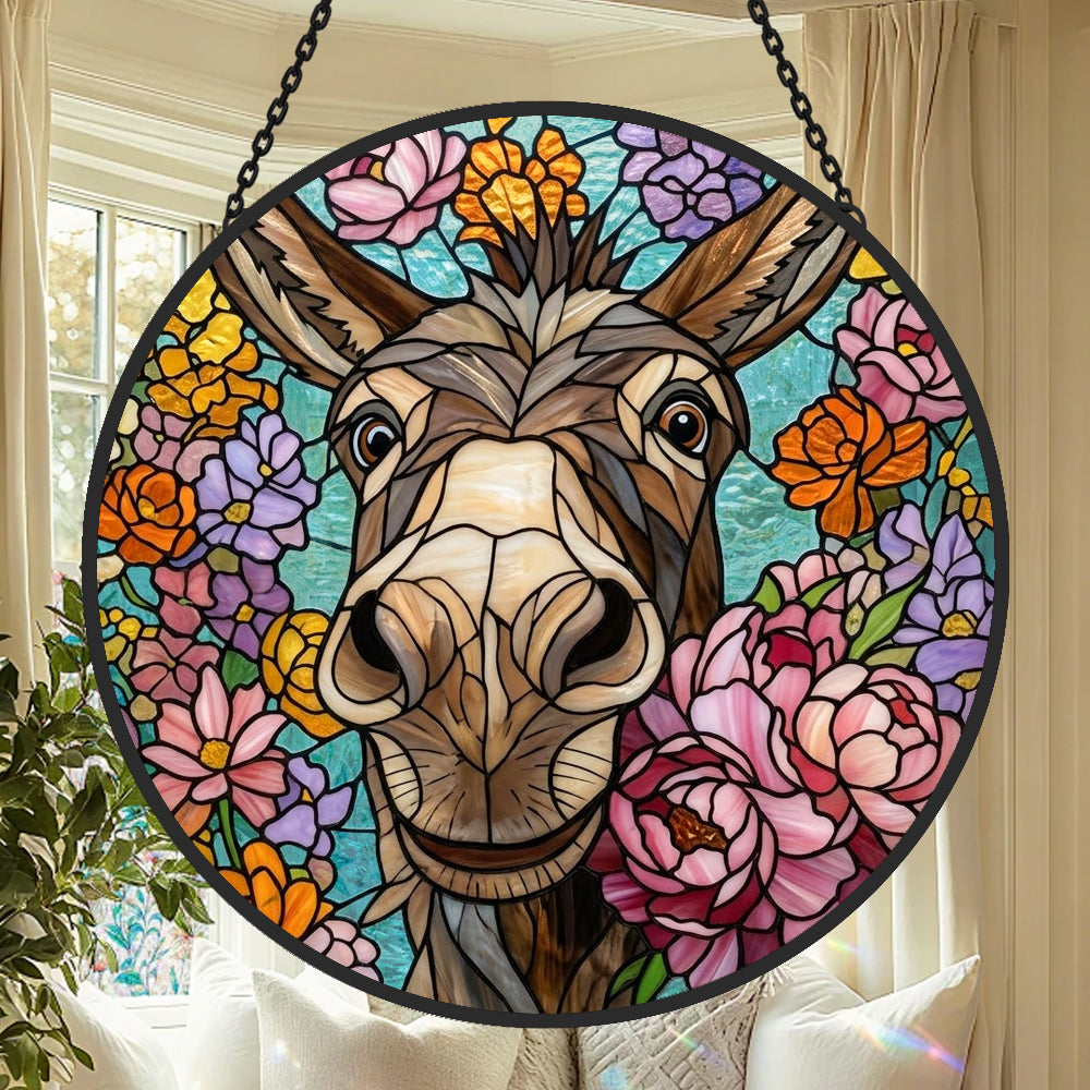 Cute floral donkey stained glass suncatcher window hanging, suitable for home and garden decoration