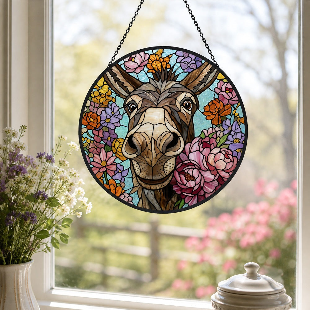 Cute floral donkey stained glass suncatcher window hanging, suitable for home and garden decoration