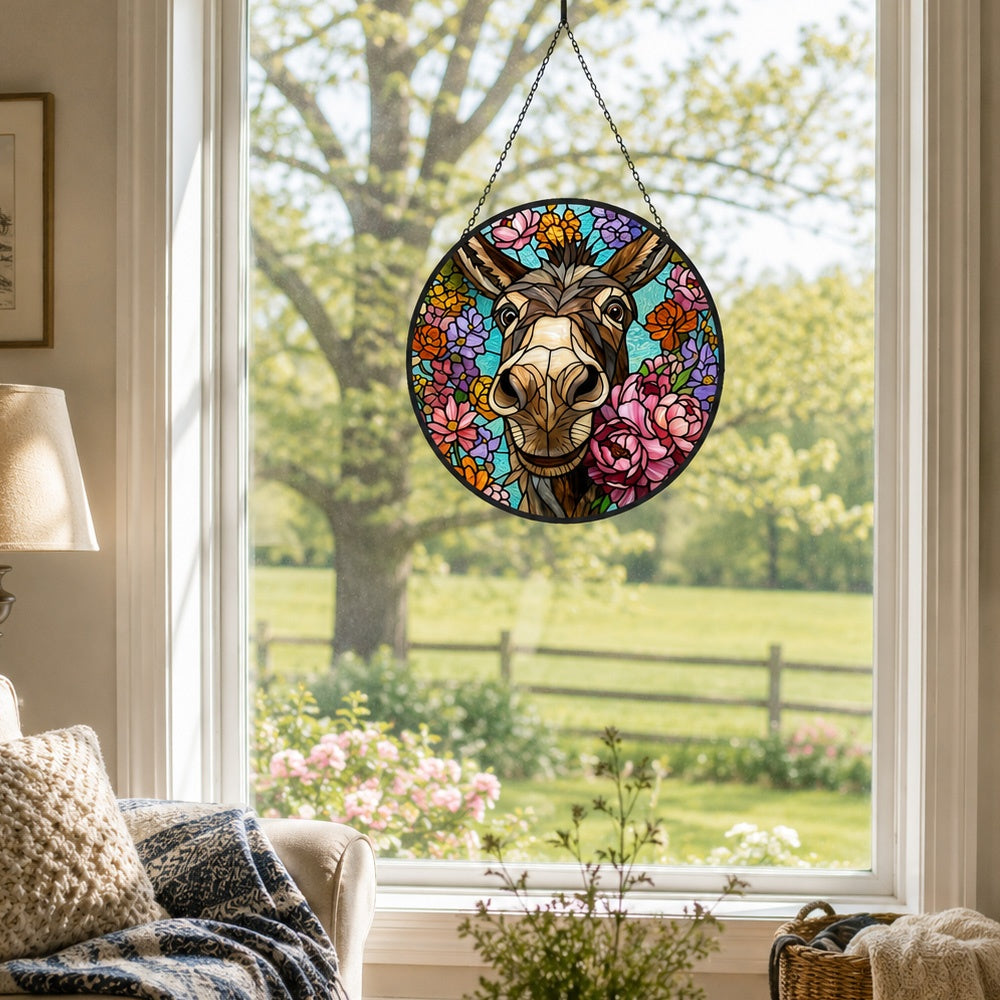 Cute floral donkey stained glass suncatcher window hanging, suitable for home and garden decoration