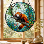 Cute floral forest red panda decor stained glass suncatcher window hanging, suitable for home and garden decoration