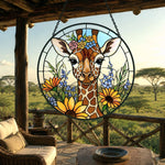 Cute giraffe with flower crown stained glass suncatcher window hanging, suitable for home and garden decoration