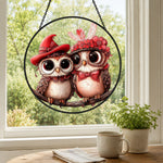 Cute owl couple stained glass suncatcher window hanging, suitable for home and garden decoration