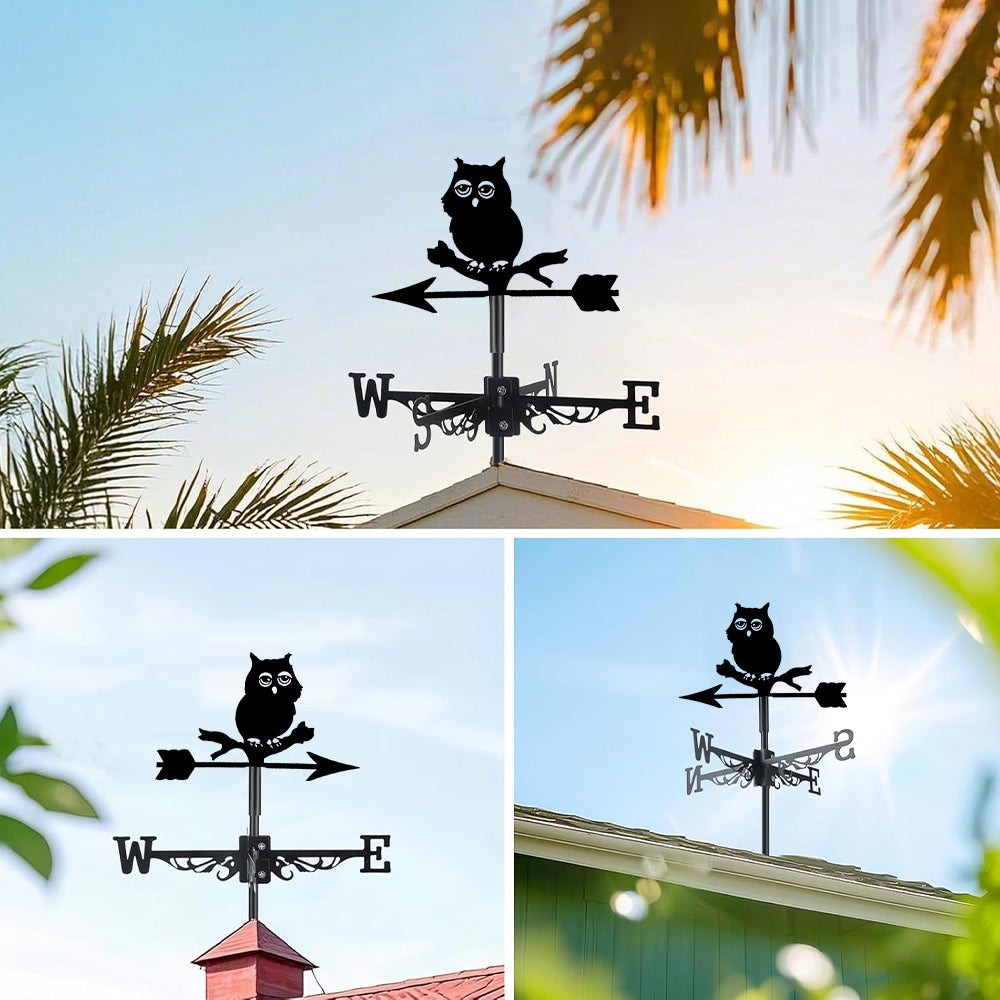 Cute owl on branch metal weather vane with directional arrows and mounting rod, outdoor roof and garden decoration