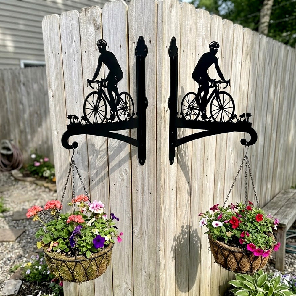 Cyclist riding road bike metal hanging basket bracket mounted on outdoor wall for plant decoration