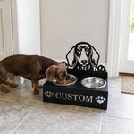 Personalized dachshund dog metal dog bowl stand with custom name cutout and two removable feeding bowls