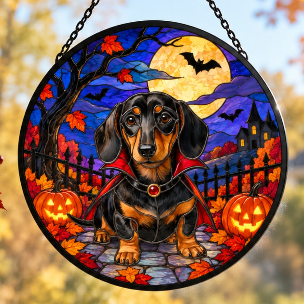 Dachshund Halloween stained glass suncatcher window hanging, suitable for home and garden decoration