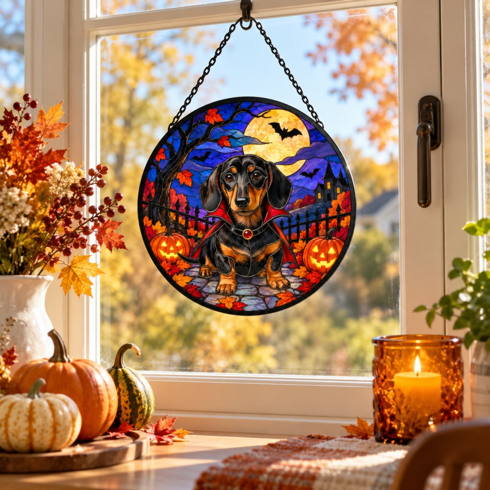 Dachshund Halloween stained glass suncatcher window hanging, suitable for home and garden decoration