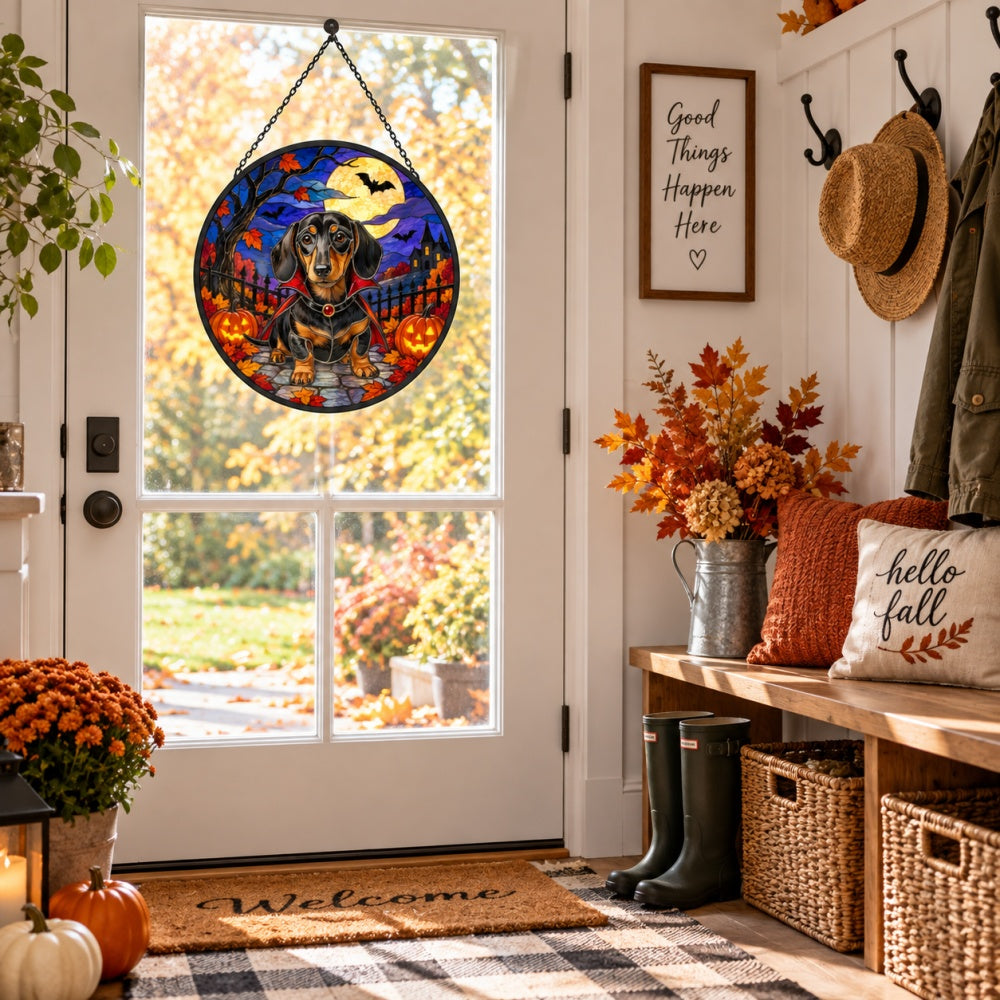 Dachshund Halloween stained glass suncatcher window hanging, suitable for home and garden decoration