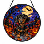 Dachshund Halloween stained glass suncatcher window hanging, suitable for home and garden decoration