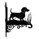 Dachshund metal hanging basket bracket mounted on outdoor wall for plant decoration