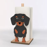 Dachshund Wooden Dog Paper Towel Holder displayed on a kitchen countertop with a freestanding paper towel roll