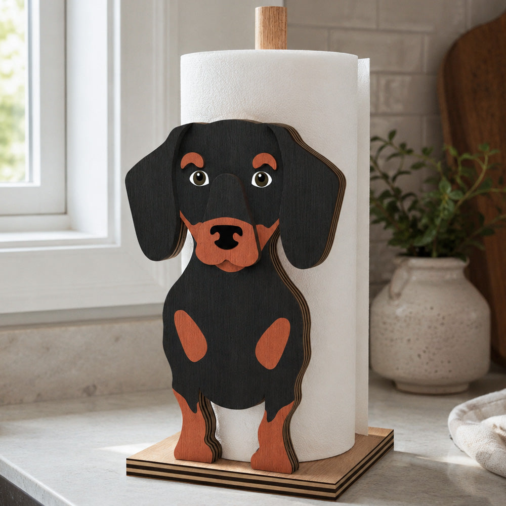 Dachshund Wooden Dog Paper Towel Holder displayed on a kitchen countertop with a freestanding paper towel roll