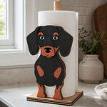 Dachshund Wooden Dog Paper Towel Holder displayed on a kitchen countertop with a freestanding paper towel roll