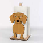 Dachshund Wooden Dog Paper Towel Holder displayed on a kitchen countertop with a freestanding paper towel roll