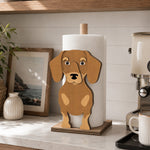 Dachshund Wooden Dog Paper Towel Holder displayed on a kitchen countertop with a freestanding paper towel roll