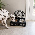 Personalized dalmatian metal dog bowl stand with custom name cutout and two removable feeding bowls
