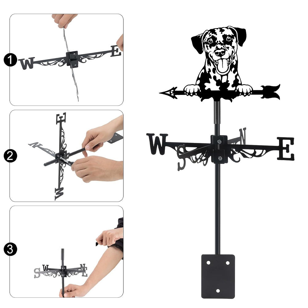 Dalmatian metal weather vane with directional arrows and mounting rod, outdoor roof and garden decoration